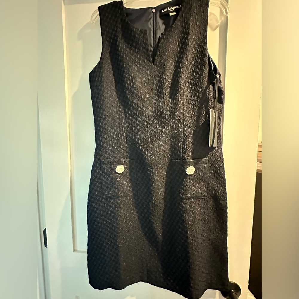 New with Tags. Authentic Karl Lagerfeld navy houndstooth dress with flowers
